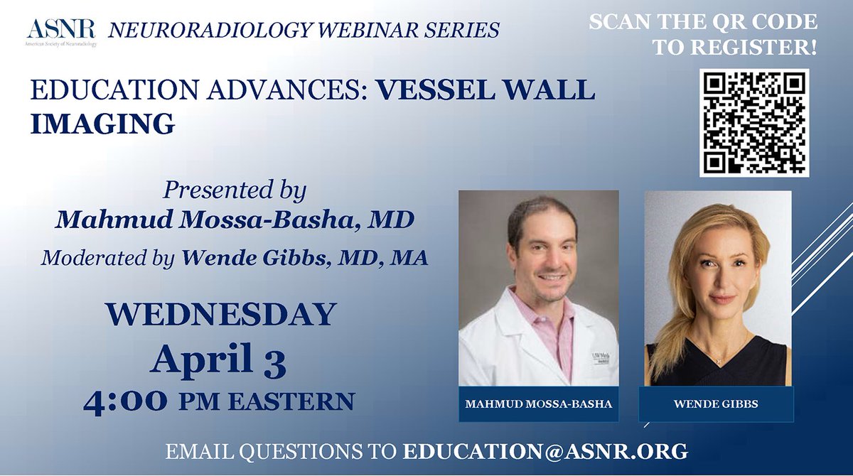 Register now for #ASNR's next free webinar on Wednesday, April 3. Join us at 4:00 pm ET for Education Advances: Vessel Wall Imaging. Get all of the details & register here: ow.ly/OZCi50R4TF9 #Neurorad #MedEd @mossabas @WendeNGibbs @Rajagopalan_Pri