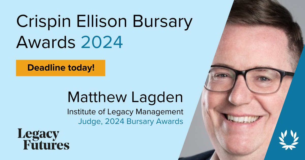 🚨 Deadline today! Apply at legacyfutures.com/about-page/bur…

"The Crispin Ellison Bursary will help two individuals enhance their knowledge and develop their skills to benefit them and the charities they work for." — judge Matthew Lagden, <a href="/Legacy_Mngment/">Institute of Legacy Management (ILM)</a>

#Bursary #Legacy