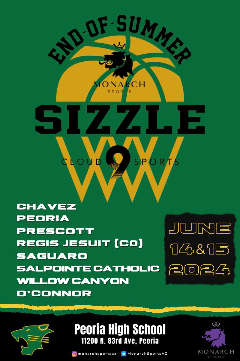 Monarch Sports 🔊 (@monarchsportsaz) on Twitter photo BREAKING: The EoS Sizzle returns to the Monarch Sports #SummerSeries w <a href="/PeoriaBoysBball/">Peoria High School Boys Basketball</a> serving as host. A terrific line-up of schools as all games have:
▪︎ stop clock
▪︎ shot clock (35)
▪︎ two 16 min halves
▪︎ clock stops on made baskets in last minute of 2nd half. BREAKING: The EoS Sizzle returns to the Monarch Sports #SummerSeries w <a href="/PeoriaBoysBball/">Peoria High School Boys Basketball</a> serving as host. A terrific line-up of schools as all games have:
▪︎ stop clock
▪︎ shot clock (35)
▪︎ two 16 min halves
▪︎ clock stops on made baskets in last minute of 2nd half.