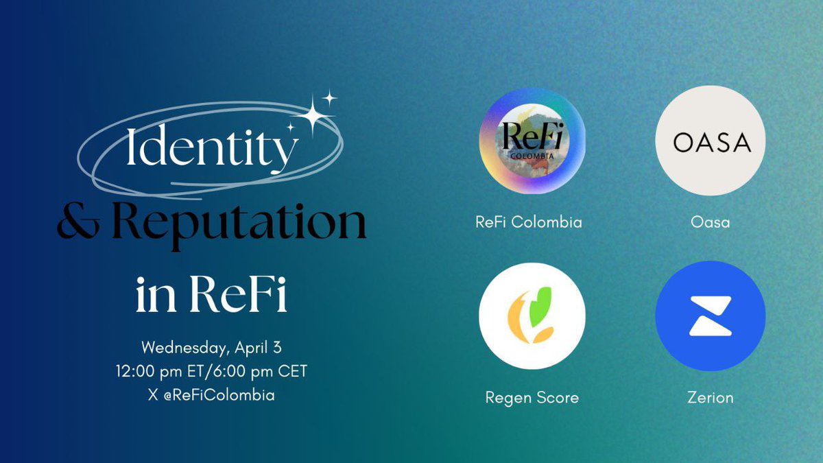 RefiColombia's tweet photo. Join us for an exciting space about decentralized identity and on-chain reputation in the #ReFi space next Wednesday at 12:00 pm ET!

Feat:
🌱 @samueldelesque of @oasaliving &amp; @tdfinyourdreams
🎯 @YineisyMota of @regenscoreio
🔒 @alexanderguy of @zerion

https://t.co/DOsPqdZCT1 https://t.co/a8fxjigmXM