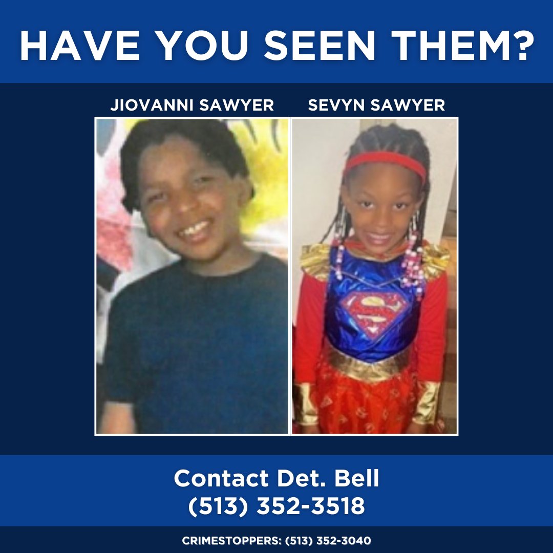 CincyPD's tweet image. HAVE YOU SEEN THEM? Siblings 7-year-old Sevyn Sawyer and 12-year-old Jiovanni Sawyer were last seen on 3/28/24 at Ziegler Park. If you have any information about their whereabouts, please contact Det. Bell at 513-352-3518. Please see thread for more info: