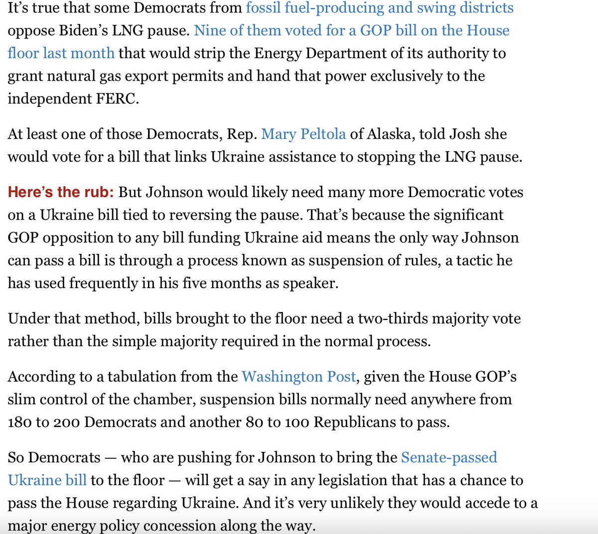 ME this am: House GOP's dicey Ukraine-LNG gambit. I confirmed Speaker Johnson is considering linking those issues in a bid to extract a concession from Dems to overturn Biden gas export pause. Why the strategy looks risky & unlikely to work. 'The vote coalition just isn’t there”