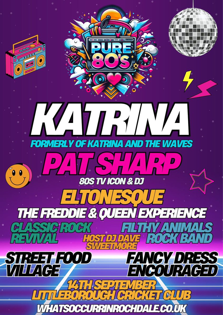 Join us for Pure 80s in Littleborough with @mrpatsharp on the decks on 14th September 2024 Tickets: whatsoccurrinrochdale.co.uk/tickets #littleborough #littleboroughcricketclub #rochdale