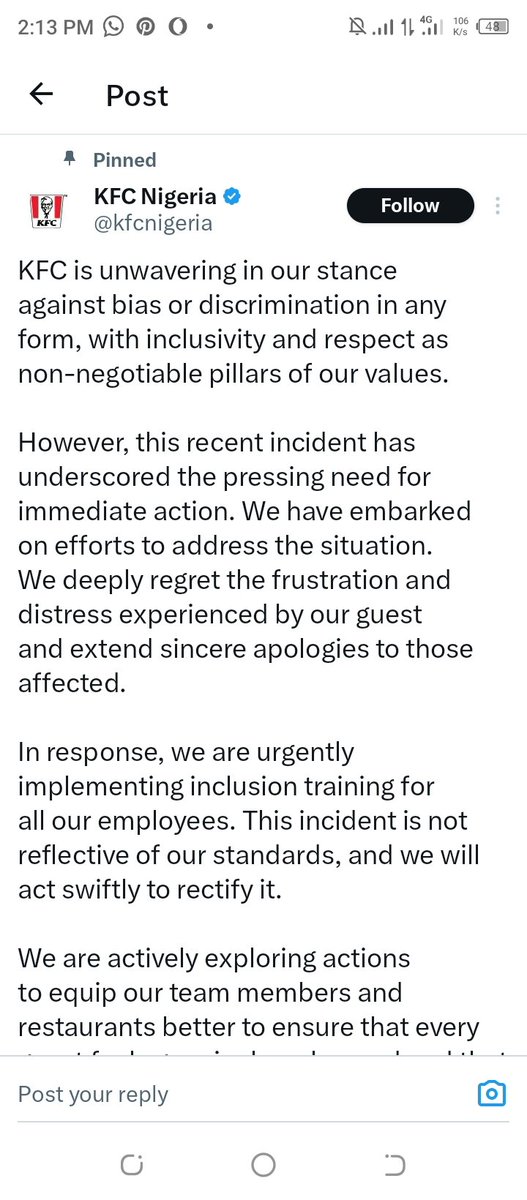 Dear @kfcnigeria , Thank you for your belated apology that seems to lack geniuness and clarity. We are very disappointed that an organization of your caliber can continue to play with words on a matter of national interest like this. It is worthy of note that not a single word