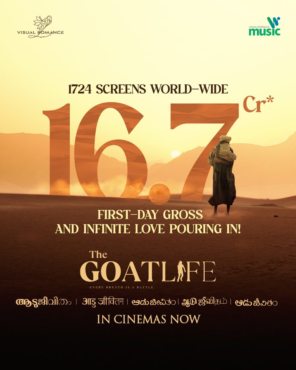 Delighted by the overwhelming response to #TheGoatLife at the box office! Keep the love pouring! #Aadujeevitham #TheGoatLife #TheGoatLifeInCinema @DirectorBlessy @benyamin_bh @arrahman @Amala_ams @Haitianhero @rikaby @resulp @iamkrgokul @HombaleFilms @AAFilmsIndia…