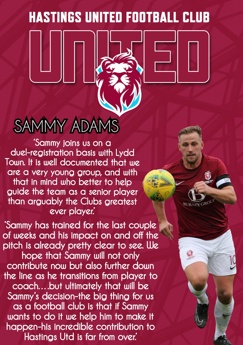 𝙇𝙀𝙂𝙀𝙉𝘿 𝙍𝙀𝙏𝙐𝙍𝙉𝙎 ✍️

Hastings United legend super Sammy Adams returns to the club

#COYU
#NewSigning
#HUFC