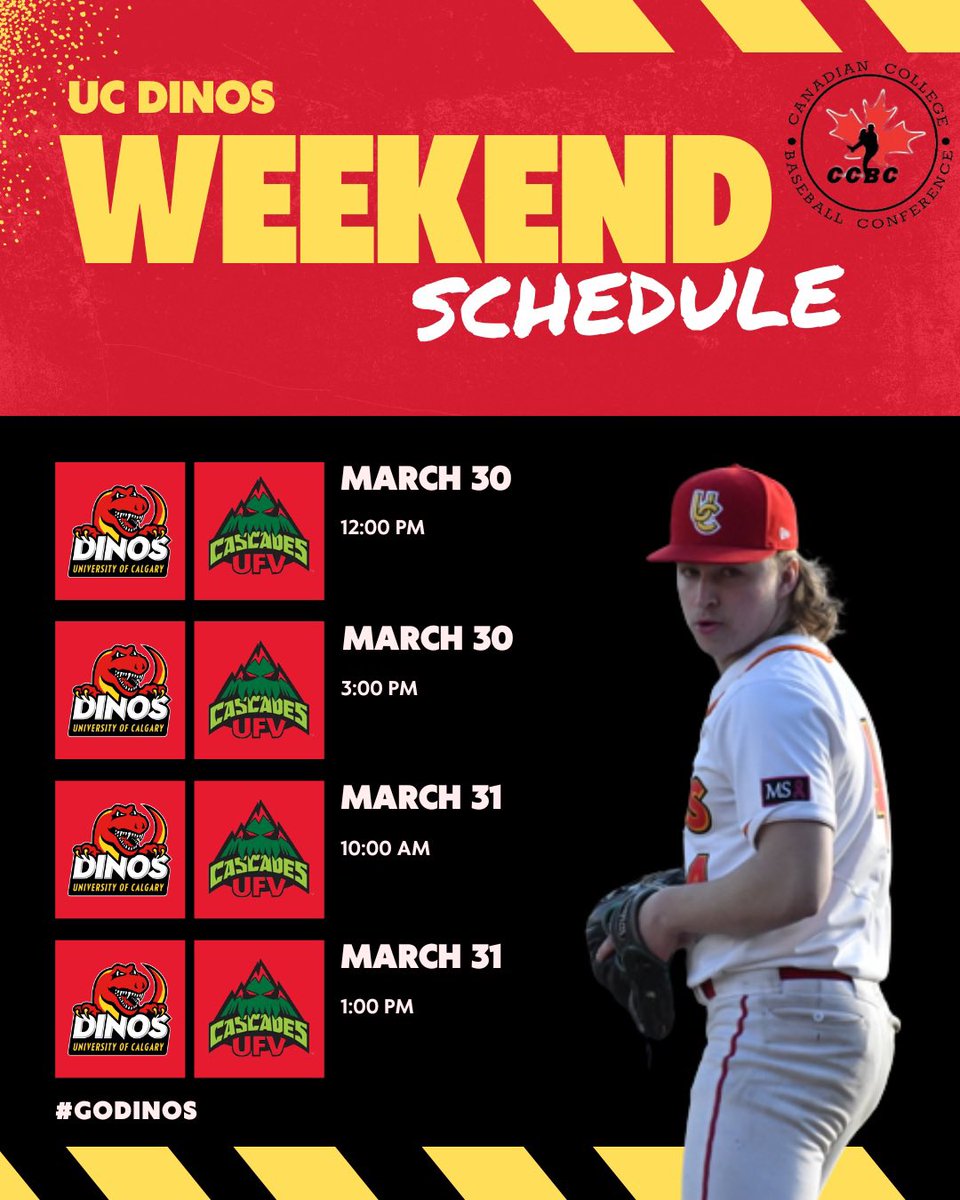 Dinos baseball is back in action this weekend as they take on @ufvbaseball in the @ccbcofficial opening weekend! 

Games go at 12:00 and 3:00 on Saturday, March 30th, and 10:00 and 1:00 on Sunday, March 31st!

#dinosbsbl #godinos #collegebaseball #canadasleague #openingday