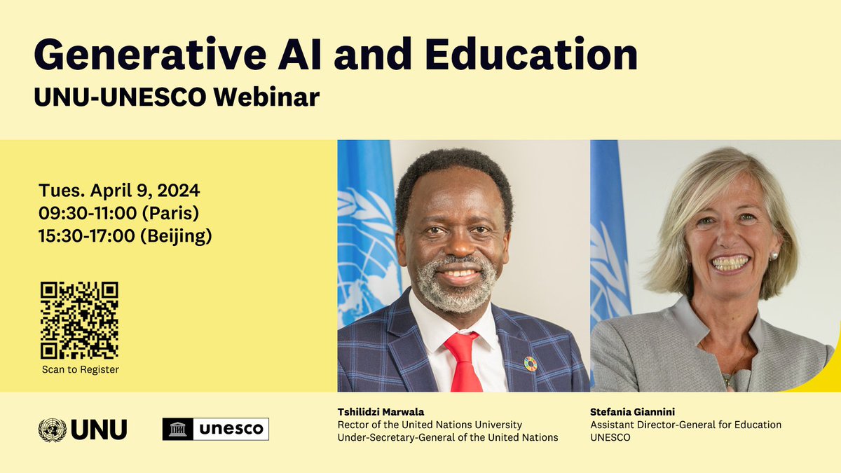 Don't miss the chance to delve into the Guidance for #GenAI in #education and research! Join us on 9 April at the UNESCO UNU webinar with opening remarks by @tmarwala Rector @UNUniversity & @SteGiannini Assistant Director-General for Education @UNESCO. 👉unu.edu/macau/event/un…
