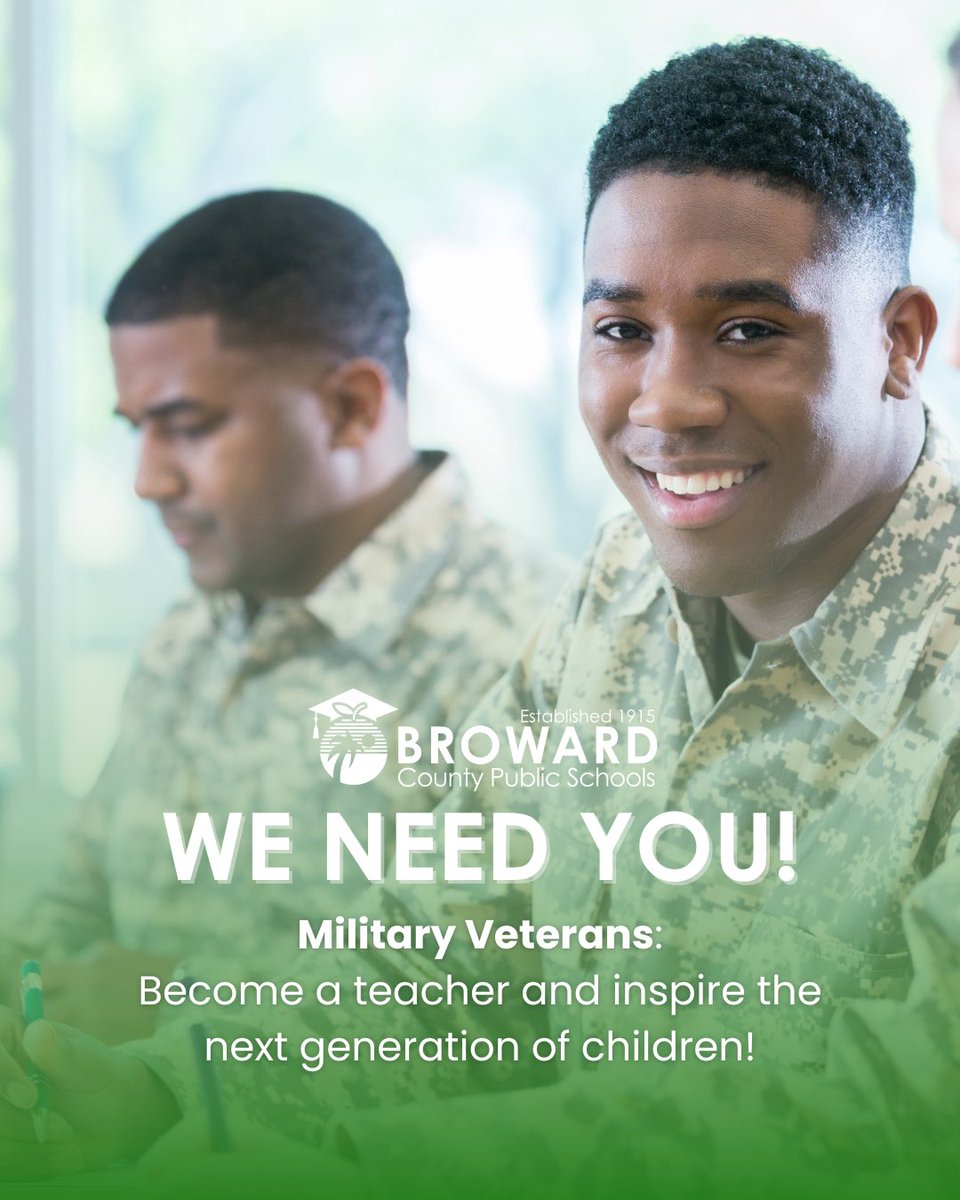 Military Veterans: Become a teacher and inspire the next generation. Complete this form👉bcpscareers.com/military 👉 Minimum of 48 months of military service with an honorable or medical discharge 👉 Minimum of 60 college credits with a 2.5 GPA 👉 Authorization to work in the U.S