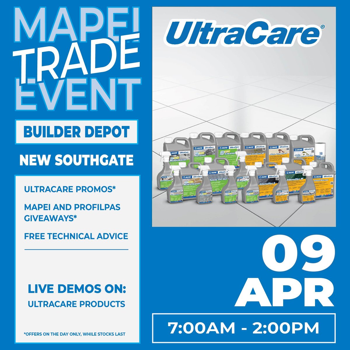 Join us at @builder_depot for our #Trade #Event. The team will be there, with live product #UltraCare #surface #cleaning, protection & #maintenance products demos.

#tiling #tiler #building #BuilderDepot #TradeEvent #TradeDay #grout #sealant #paving #landscaping #DIY #Profilpas