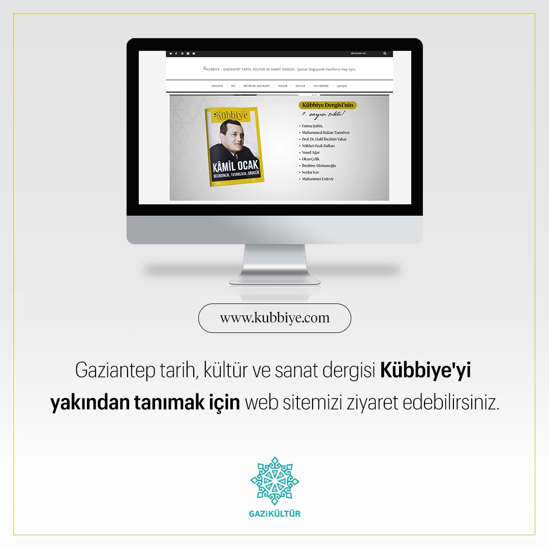 🖥️ Gaziantep tarih, kültür ve sanat dergimiz Kübbiye'yi daha yakından tanımak için kubbiye.com web sitemizi ziyaret edebilirsiniz. 📚✒️ kubbiye.com web sitesinde Kübbiye Dergisi’nin yayınlanan sayılarının tamamına ulaşabilir, Gaziantep'i daha yakından…