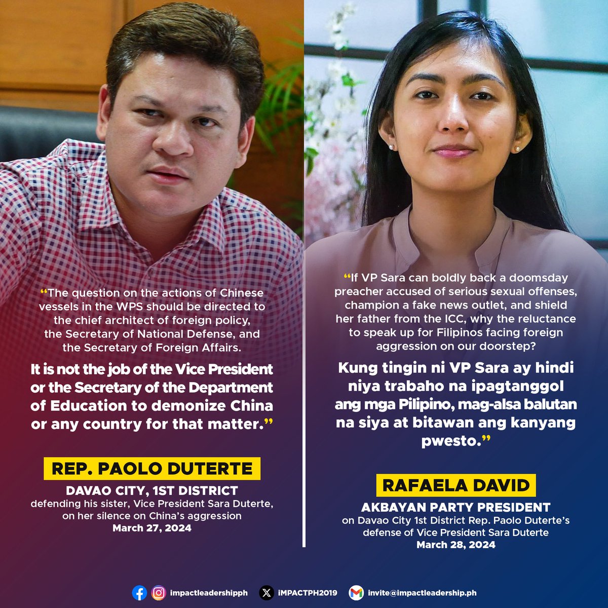 iMPACTPH2019's tweet image. &apos;VP SARA DOESN&apos;T NEED TO BECOME THE PRESIDENT TO SHOW SOLIDARITY WITH OUR FRONTLINERS AND FISHERFOLK IN THE WEST PHILIPPINE SEA&apos;

Akbayan Party President Rafaela David responds to Davao City Rep. Paolo Duterte&apos;s defense of VP Sara Duterte&apos;s silence amid China&apos;s violence in WPS.