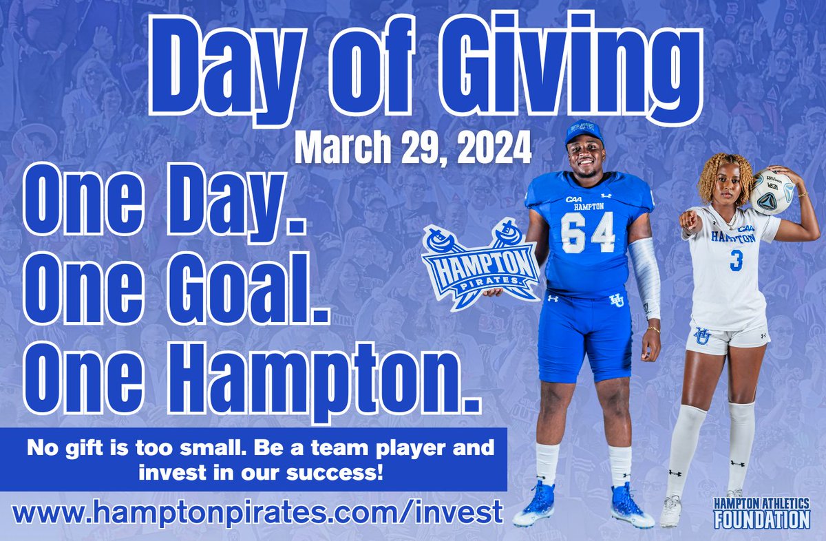 IT'S GIVING DAY!! Tell a friend to tell a friend that any gift, no matter the size, helps support our student-athletes tremendously! Donate to Hampton Athletics or specifically to the team of your choice at hamptonpirates.com/invest #WeAreHamptonU