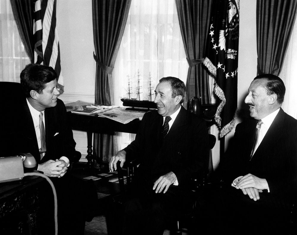 March 29, 1961, 12:00 - 12:45 pm Meeting with Pedro Beltran, Prime Minister of Peru, and Ambassador of Peru Fernando Berckemeyer. 📷: jfklibrary.org/asset-viewer/a… #otd #tdih #JFKonThisDay