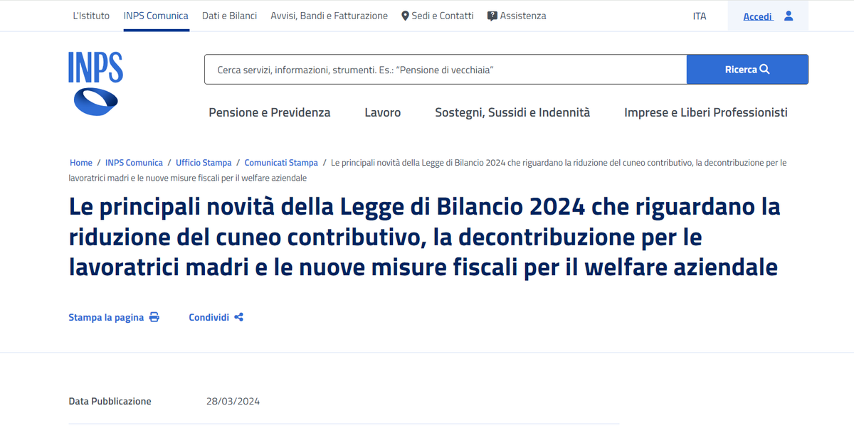 📣L’ <a href="/INPS_it/">INPS</a> ha pubblicato un #comunicato riepilogativo delle novità della #LeggediBilancio 2024.
 
Quali novità per #welfareaziendale?

Disponibile qui il testo👇🏼 aiwa.it/wp-content/upl…