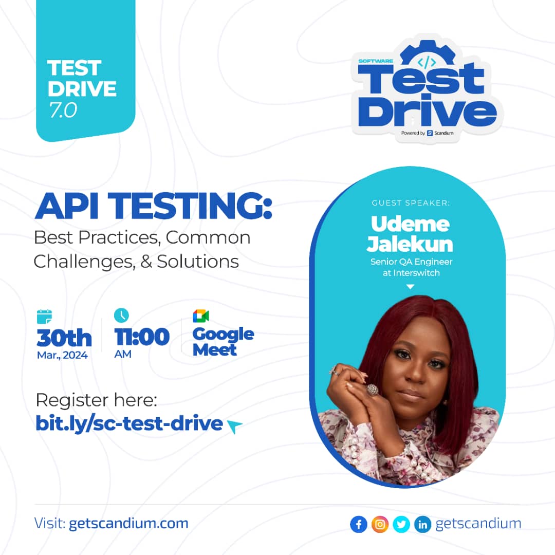 Test Drive 7.0 is happening tomorrow—don't miss out!

🗣 Guest Speaker: Udeme Jalekun (Senior QA Engineer, Interswitch)
⏰ Time: 11 am
📆 Date: March 30, 2024
🔗 Registration link: bit.ly/sc-test-drive (Limited slots available)
📍 Venue: Google Meet