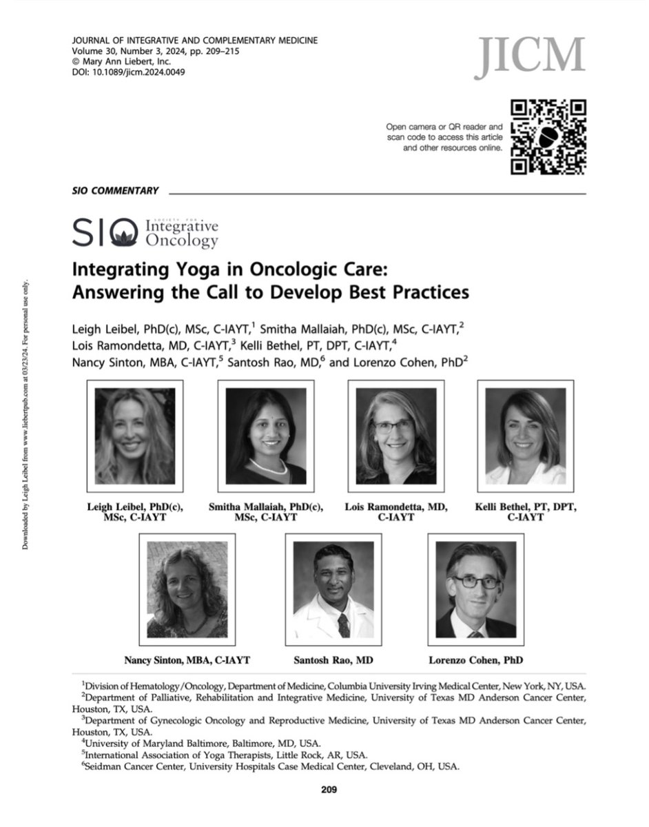 The SIO #Yoga SIG Commentary, 'Integrating Yoga in Oncologic Care: Answering the Call to Develop Best Practices' has just been published in the Journal of Integrative and Complementary Medicine (JICM). (Open access until 4-23-2024) @JICM_Journal zurl.co/7X7o