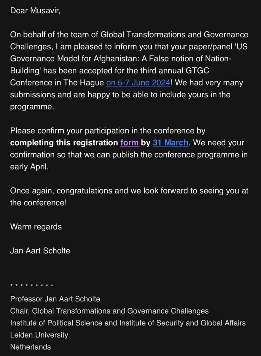 I am pleased to announce that my paper titled #US Governance Model for #Afghanistan: A False Notion of Nation-Building has been accepted for the third annual #Global Transformation and #Governance Challenges #Conference in the #Hague. Looking forward to presenting my two cents.