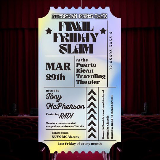 Tonight is the night for our Final Friday Slam featuring @radithepoet hosted by @tonymcpherson @djlunarosa @pregonesprtt in Times Square - THE PUERTO RICAN TRAVELING THEATER 304 W47th Street is off of 8th Avenue - tickets are available on NUYORICAN.ORG - It’s SLAMMIN’!