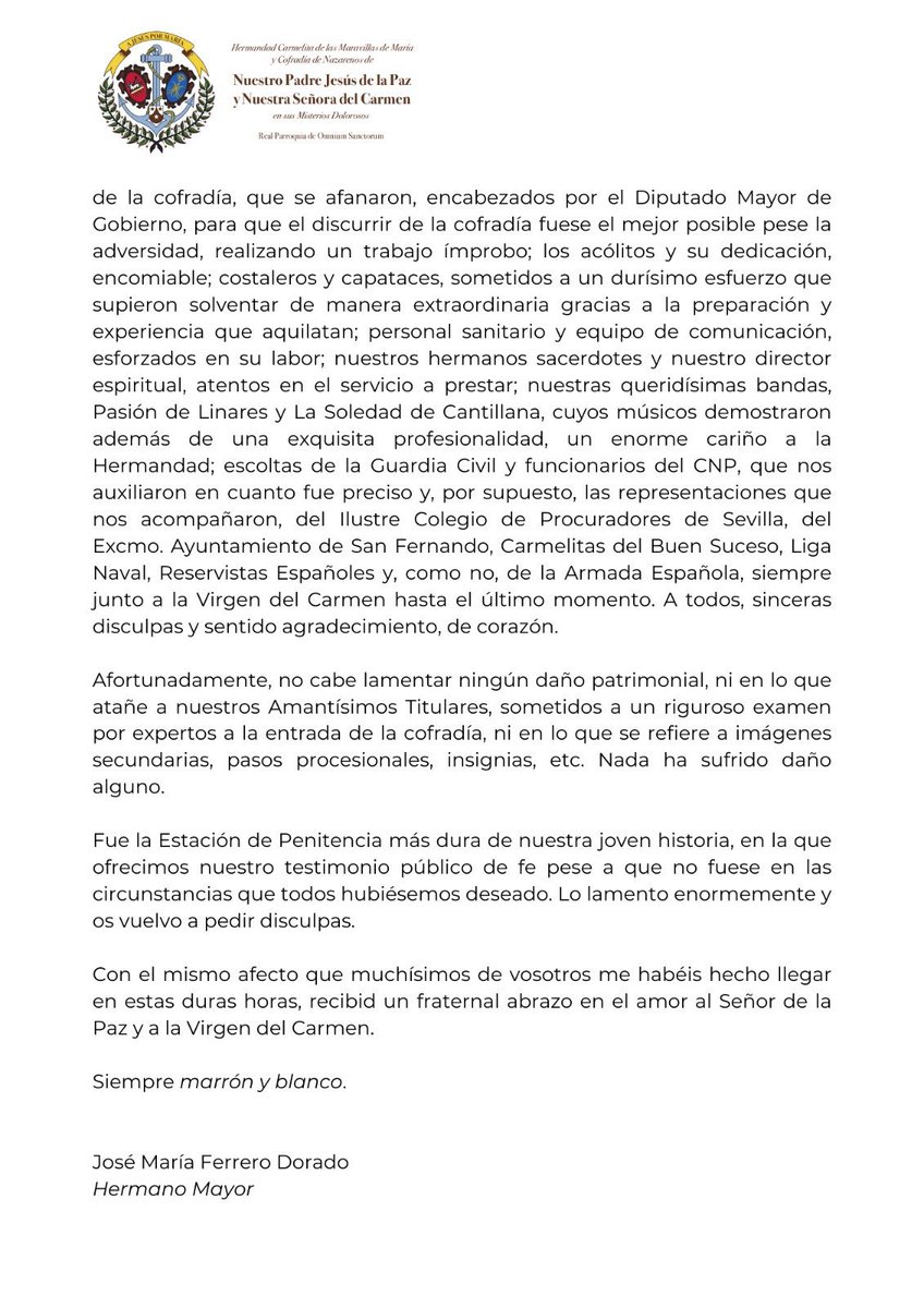 elllamadorcsr's tweet photo. Carta del hermano mayor de la @Hdad_del_Carmen tras la lluvia del Miércoles Santo https://t.co/bTiphRdMMO