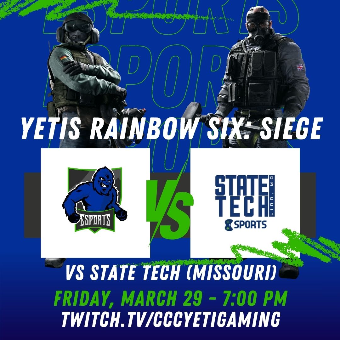 The Yetis esports Rainbow Six: Siege team will be taking on State Technical College of Missouri this Friday at 7:00 PM. Watch live at twitch.tv/cccyetigaming.