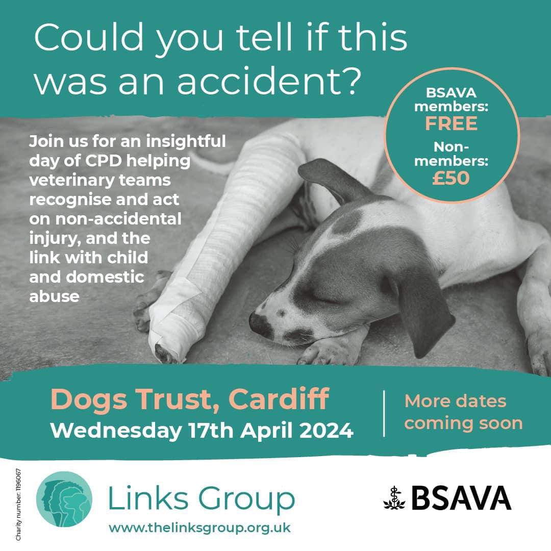 CPD alert! Help us break the cycle of abuse of people and animals. #TheLink 🚨New training date, in partnership with @thebsava 🐾 Cardiff, Weds 17 April (Dogs Trust) ‼️ Only £50, including lunch, free for BSAVA members. ➡️ Book now: tinyurl.com/55vw9y4d #VetCPD #RVNCPD