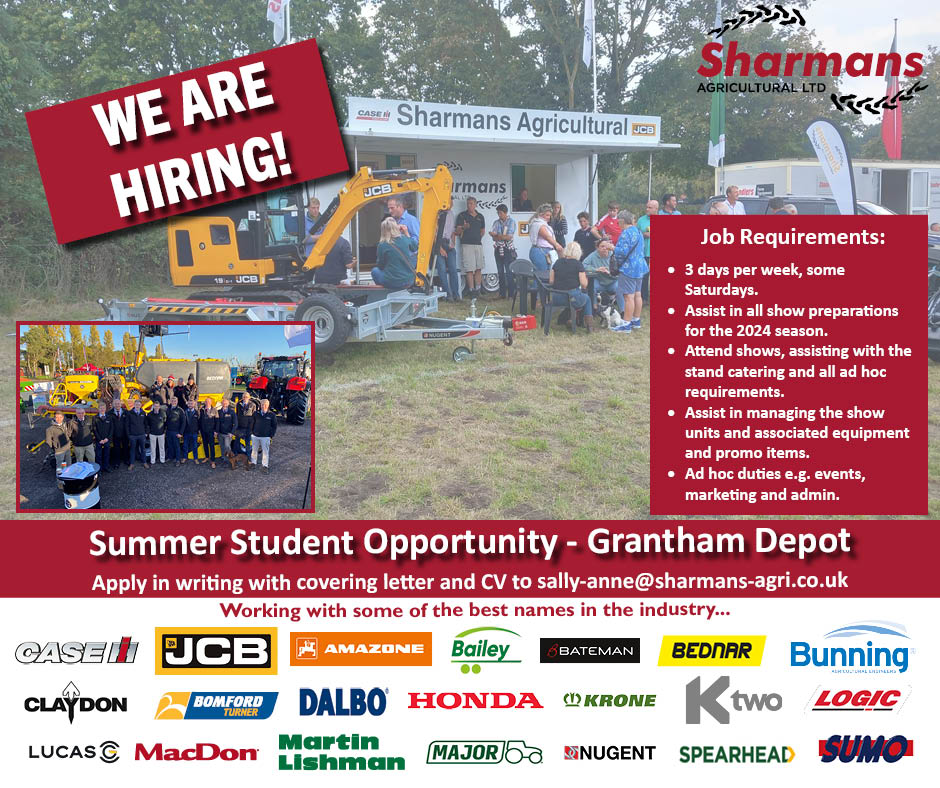 📢We Are Hiring - Summer Student Opportunity based at our Grantham depot📢
To apply please send your CV & Covering Letter to sally-anne@sharmans-agri.co.uk

#DealerMakesTheDifference #JobsInAgriculture #AgriculturalJobs #Grantham #Student #StudentPlacement