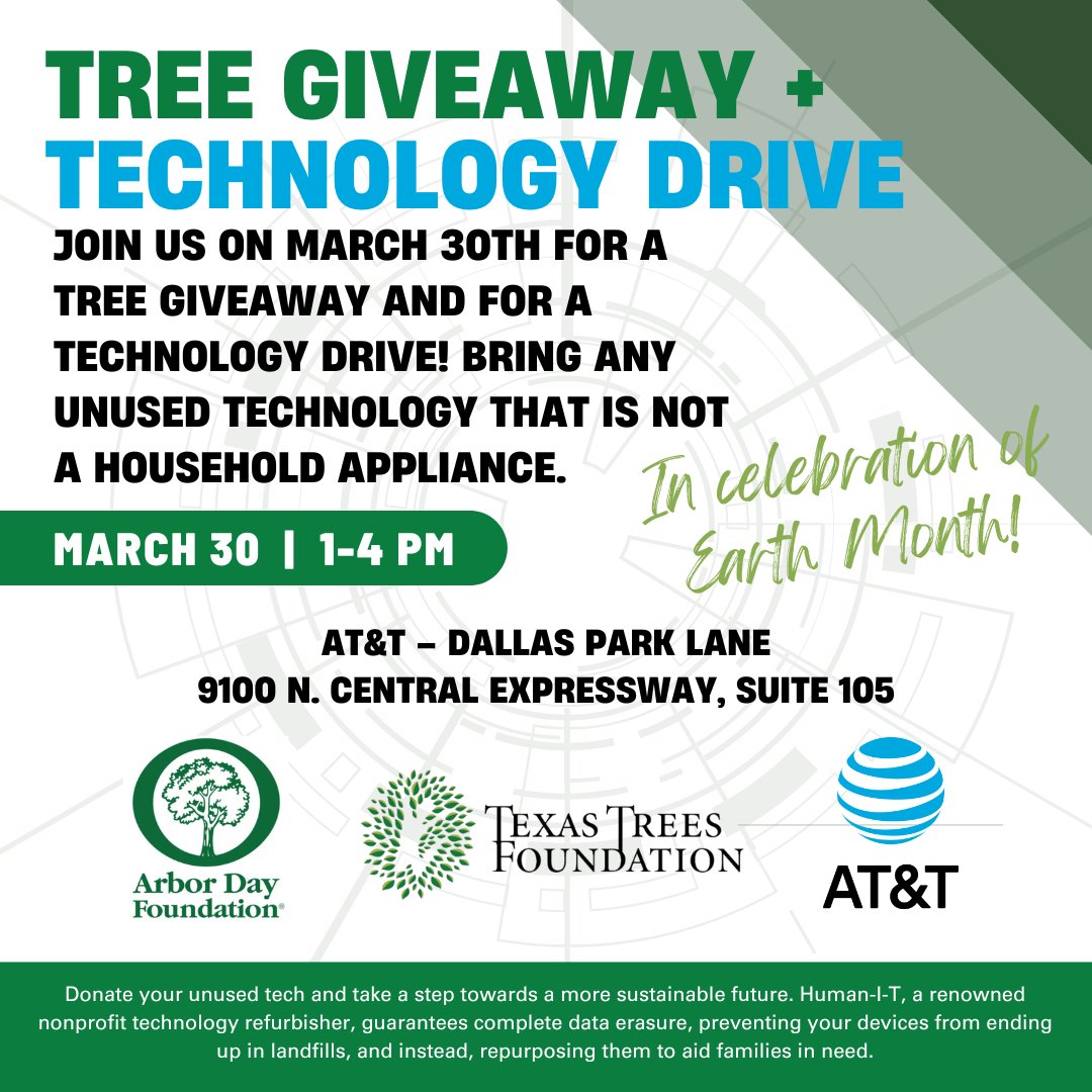 It's Earth Month & we can't wait for tomorrow's tree giveaway + technology drive! Bring your unused tech, it will be wiped & donated to those in need & pick up a tree! We're delighted to partner w/ @arbordayfoundation & @attimpact! #trees #treeplanters #earthmonth