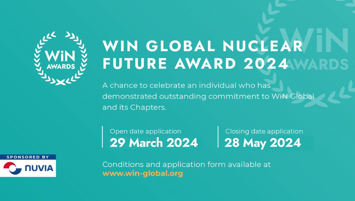 WiN GLOBAL NUCLEAR FUTURE AWARD 2024 🏆 Award season is now OPEN! 🤩 Sponsored by NUVIA, the Nuclear Future Award is a chance to celebrate an individual who has demonstrated outstanding commitment to WiN Global and its Chapters. ➡ Application form at: lnkd.in/dBkvRSBF