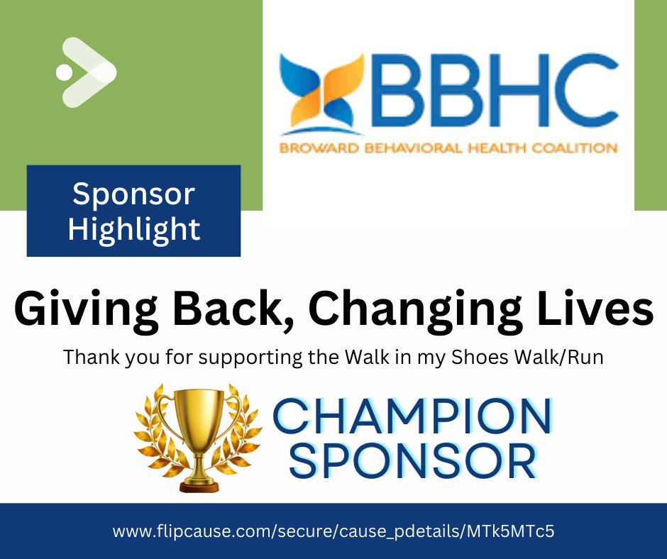🌟✨ Sponsor Highlight: Broward Behavioral Health Coalition (BBHC) ✨🌟

We're thrilled to spotlight BBHC as one of our Champion Sponsors for the Walk In My Shoes event! 🙌 

Thank you, BBHC, for being a vital part of this meaningful cause! 💙