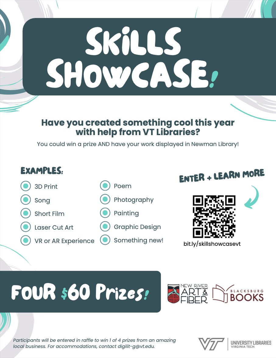 🎨🎶🎞️📝📸🖌️ Submit your art created with resources or support from University Libraries and join us for the 2024 Skills Showcase on Monday, 4/22 from 1:30 - 4 p.m. Enter to WIN! Submissions accepted until the end of day on 4/17. 👉brnw.ch/21wIl6R @virginia_tech