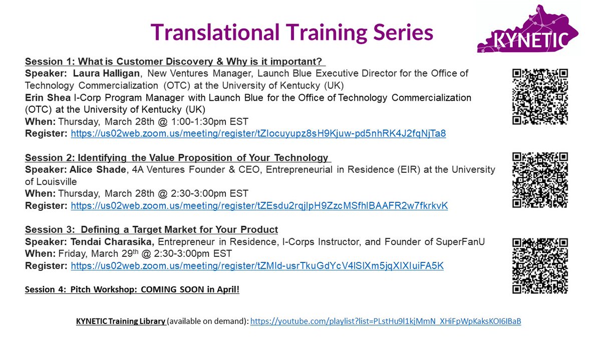 KYNETIC_hub's tweet image. Today! Join the KYNETIC Translational Training Series, session 3: Defining a Target Market for Your Product with Tendai Charasika, Entrepreneur in Residence, I-Corps Instructor, and Founder of SuperFanU, Friday, March 29th @ 2:30-3:00pm EST Register: bit.ly/3IQPc3i