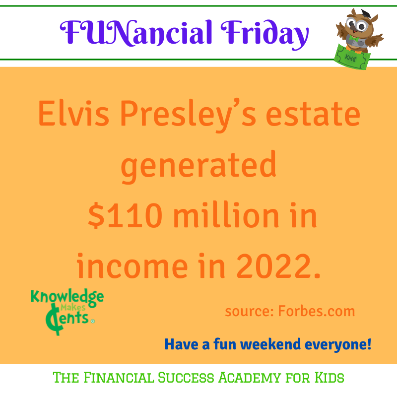 KMCents's tweet photo. Elvis Presley is still an economic powerhouse, even 45 years after his death.
#FUNancialFriday #KMCents #FinancialSuccessAcademyForKids #TeachKidsAboutMoney #MoneySmartKids #FinancialLiteracyForKids #FutureMillionaires https://t.co/DgSXiyq06V