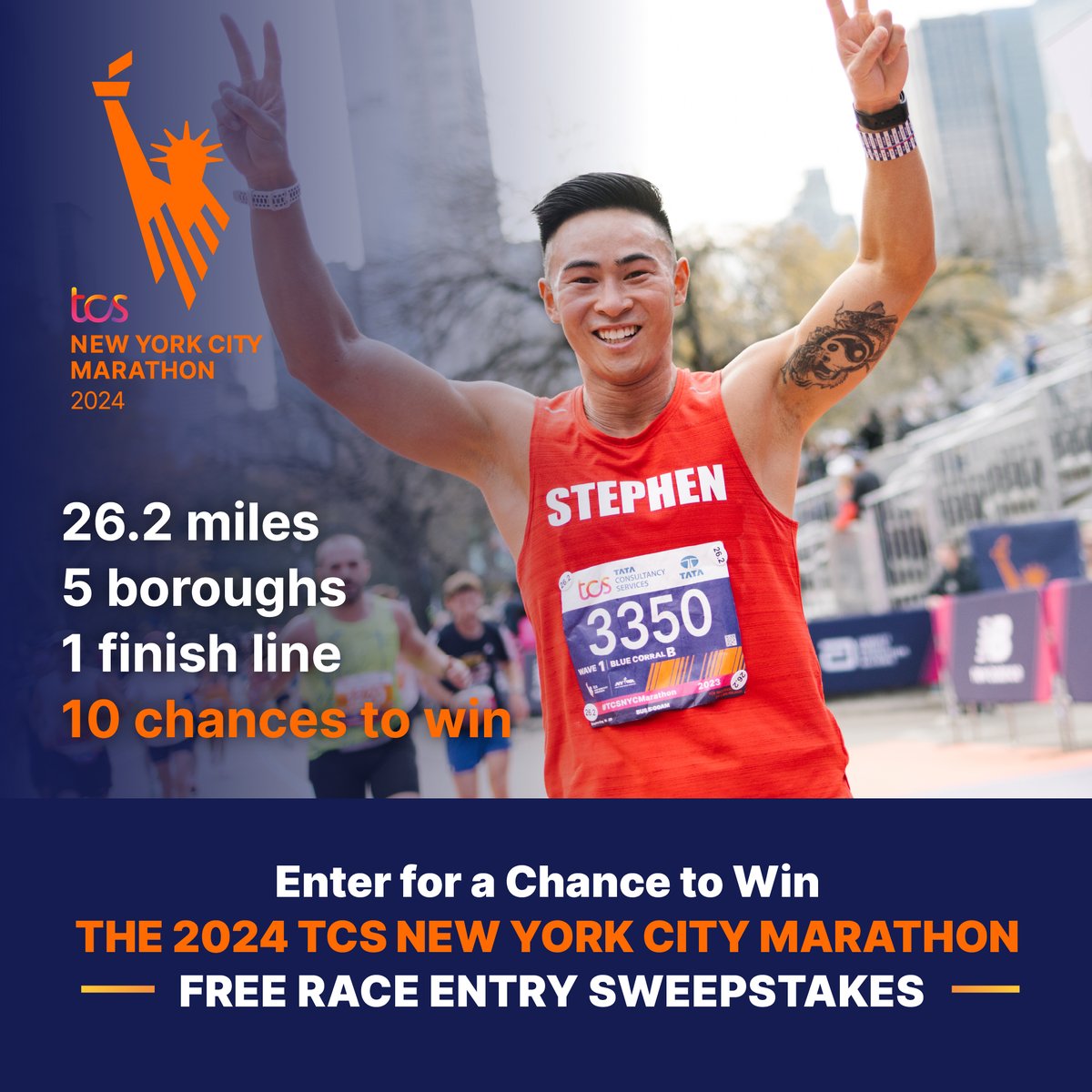 Enter the 2024 #TCSNYCMarathon Free Race Entry Sweepstakes for a chance to run the 2024 #TCSNYCMarathon!🎉 Ten lucky winners will each receive complimentary, guaranteed entry to run on November 3, 2024. Learn more and enter today: bit.ly/3xiyaZm