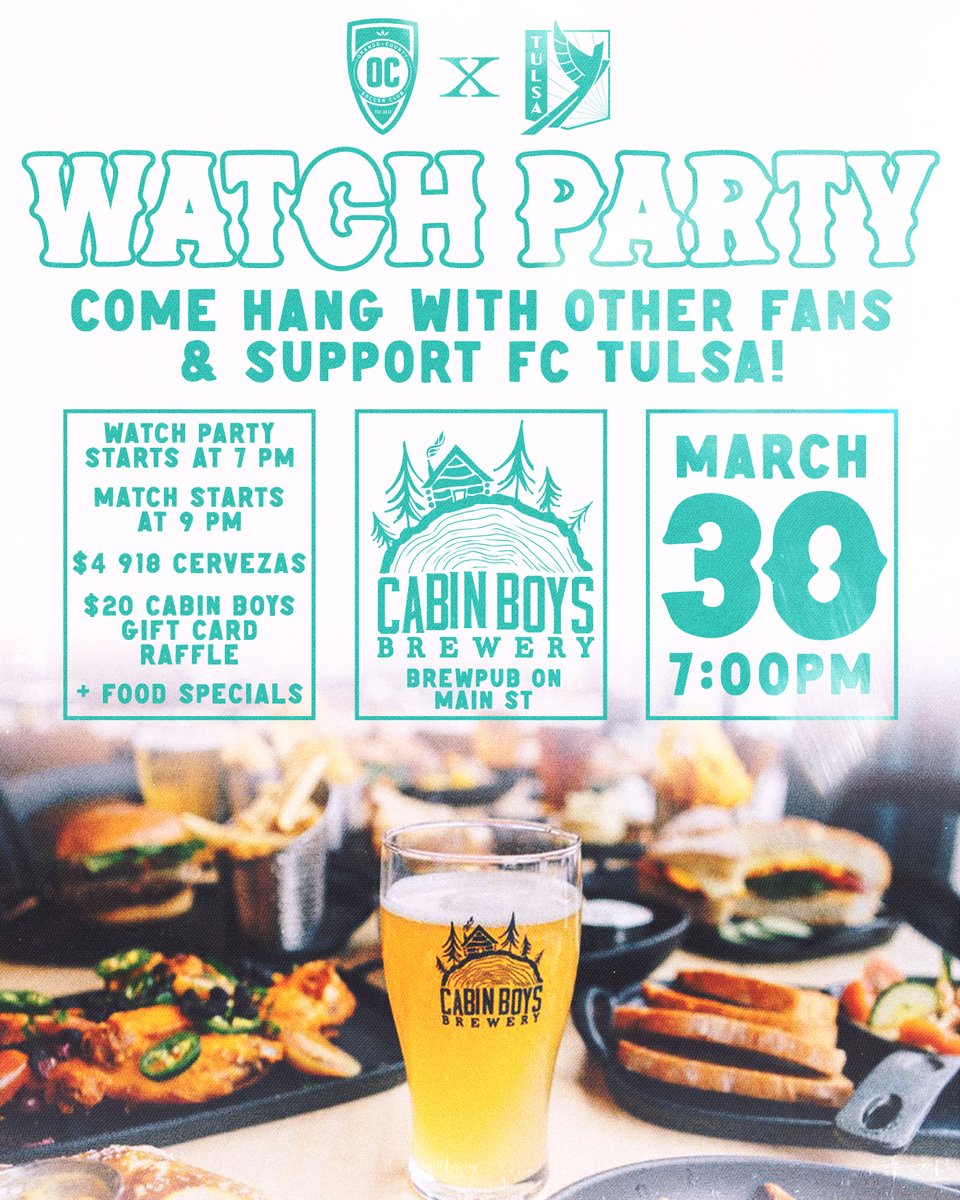 FCTulsa's tweet image. 𝗪𝗔𝗧𝗖𝗛 𝗣𝗔𝗥𝗧𝗬 details for our match against Orange County! Can't wait to see y'all at Cabin Boys Brewpub! 😎
#ForTulsa | #PatinaGreenCountry