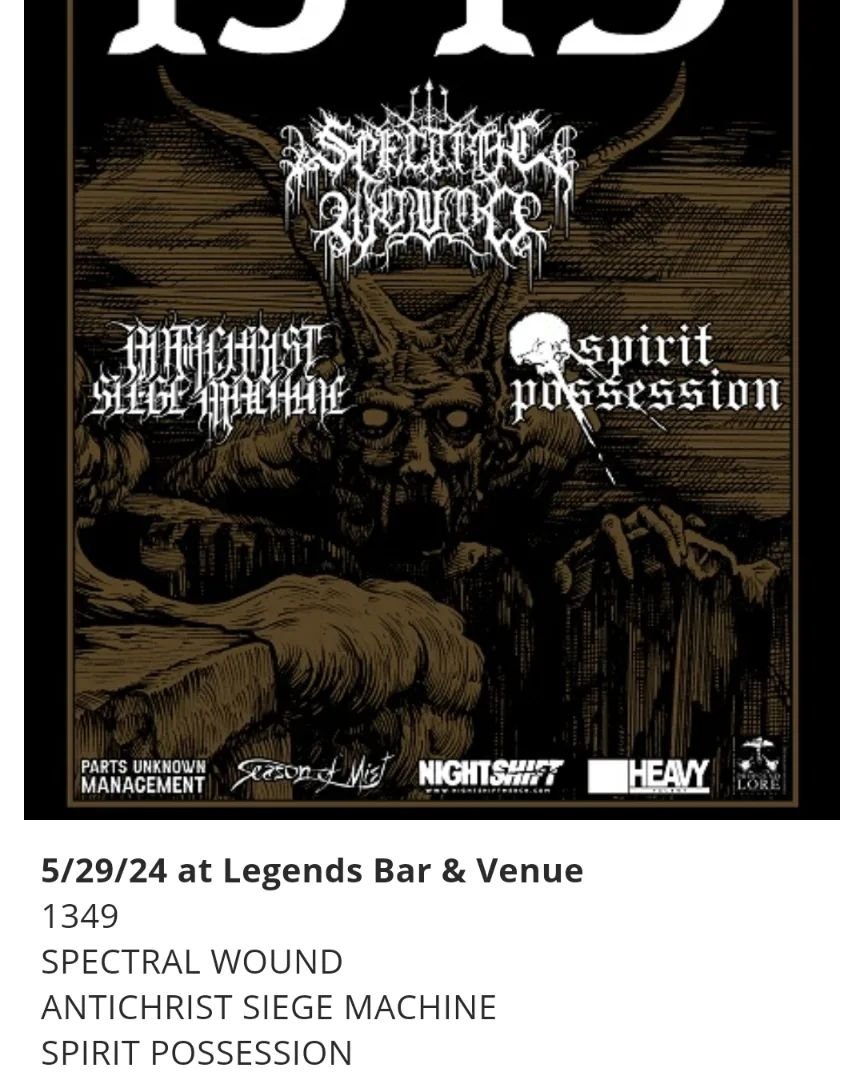 REMINDER: *AURAL HELLFIRE ARRIVES IN CINCINNATI ON MAY 29TH* @1349official will bring AURAL HELLFIRE to @legendsbar513 on Wednesday, May 29th, along with @spectral.wound, @asm_eternal, and @spirit.possession . Tickets: cincyticket.com/eventperforman… DO NOT MISS IT.