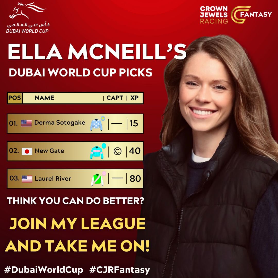 Will you be joining Ella McNeill’s League for The 2024 Dubai World Cup❓🇦🇪🏆 REGISTER NOW TO PLAY THE GAME🐎🎮 🔗 Link in Bio @EllaMcNeill__ @RacingDubai #dubaiworldcup #dwc24 #nobrainer #pickyourhorses #fantasyhorse #18ofthebest #premiumracing #cjrfantansy #game #horses