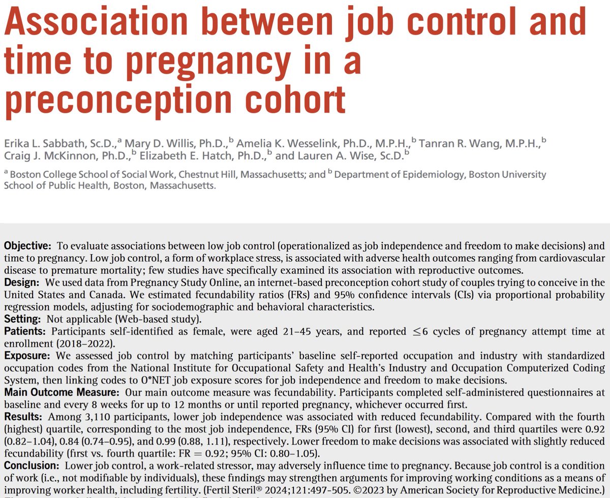 Lower job control, a work-related stressor, may be associated with a longer time to pregnancy, pointing to the importance of improving working conditions as a means of improving worker health, including fertility doi.org/10.1016/j.fert…