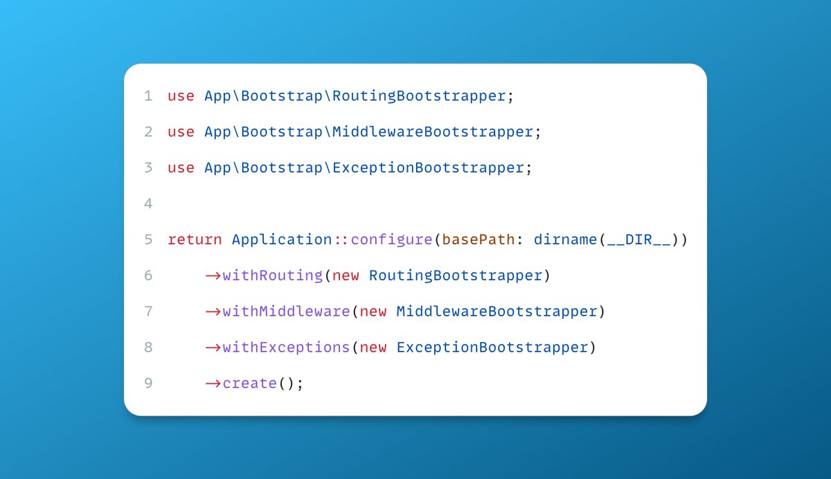 _newtonjob's tweet image. Not sure what others think, but #Laravel 11.x&apos;s bootstrap/app.php file gets cluttered very quickly.

Thinking of adopting bootstrappers. Just like Laravel does internally with the Kernels
