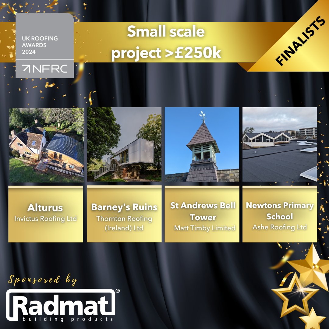 🎉 Here are the finalists in the Small Scale Project > 250K category, sponsored by @RadmatOfficial 🌟 @InvictusRoofing 🌟 Thornton Roofing (Ireland) Ltd 🌟 @TimbyRoofing 🌟 Ashe Roofing Ltd Good luck! #RA2024 #RoofingAwards2024