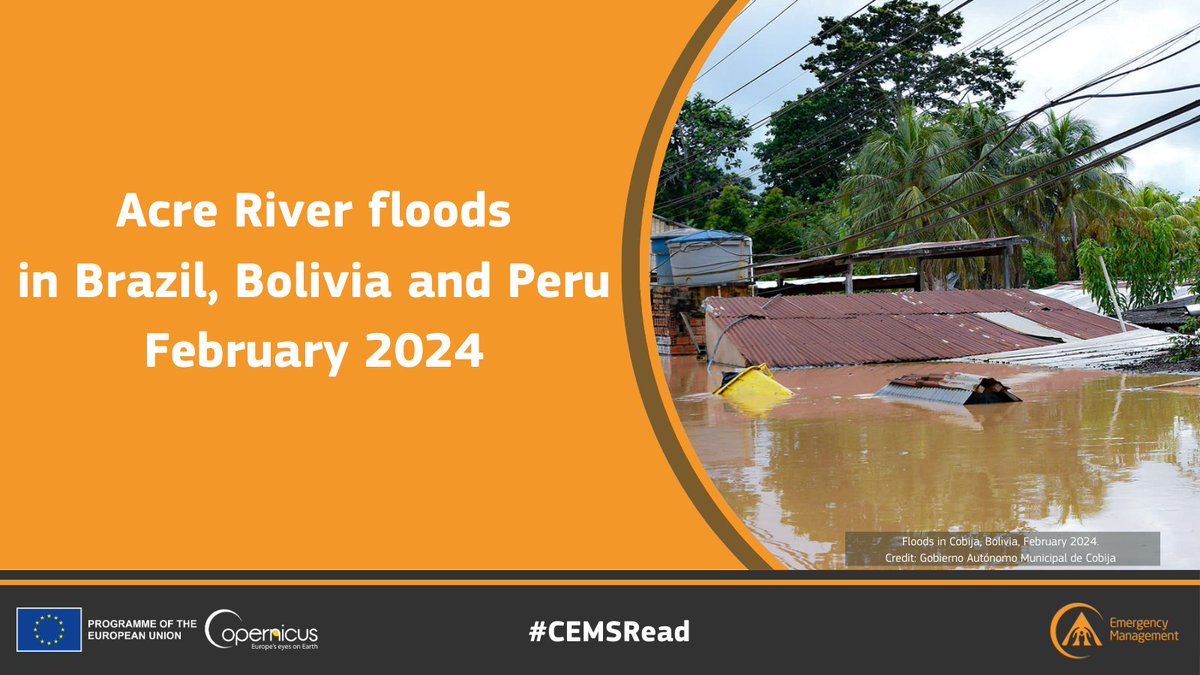 #CEMSRead

In late February, #flooding 🌊 along the Acre River significantly affected communities in #Bolivia 🇧🇴, #Brazil 🇧🇷, and #Peru 🇵🇪, causing widespread displacement

Read <a href="/FloodList/">FloodList</a>'s article to find out more👇
globalfloods.eu/news/163-acre-…