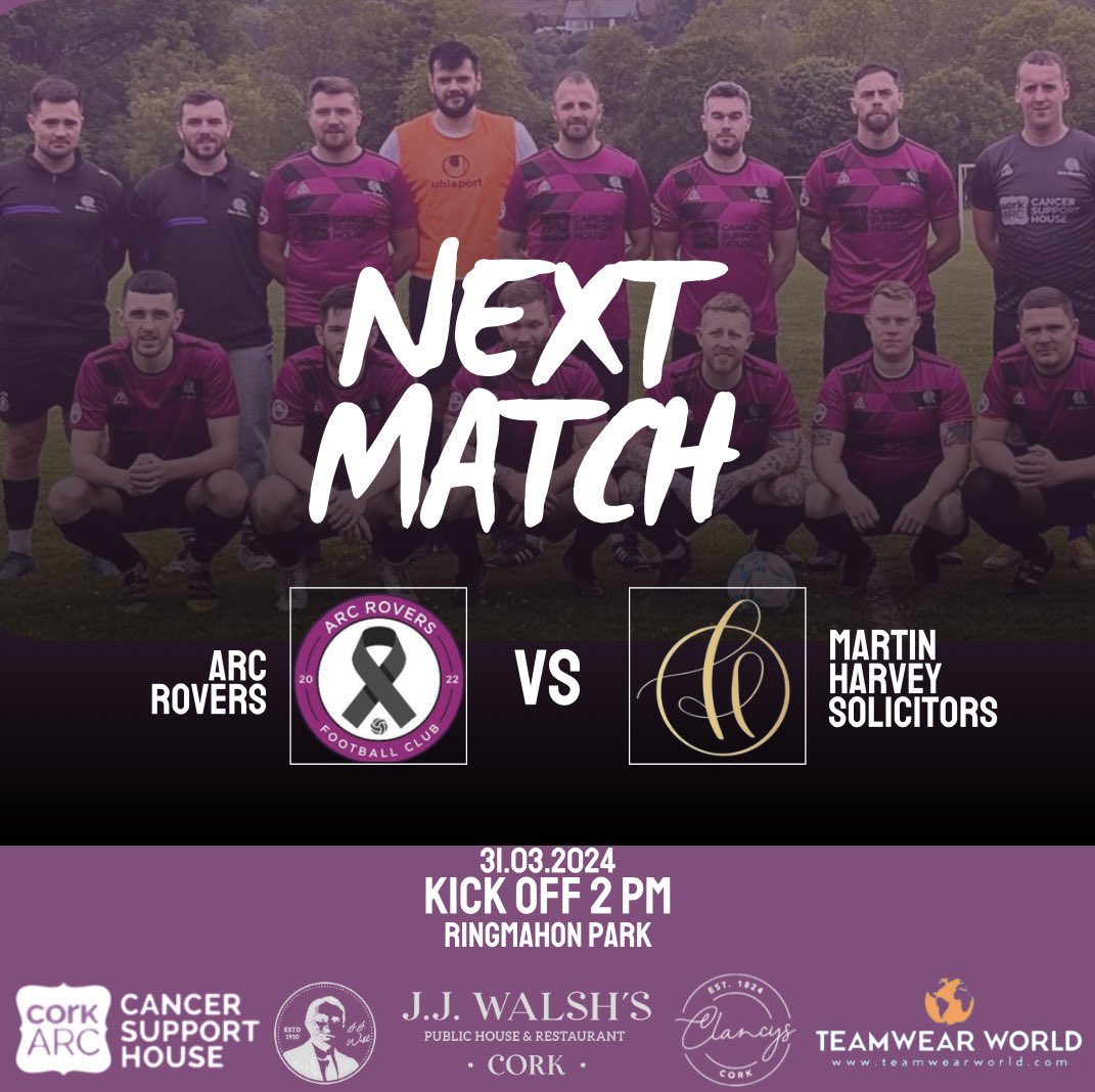 ArcRovers's tweet photo. Arc travel to Ringmahon Park this Sunday to take on Martin Harvey Solicitors. A huge 3 points up for grabs and as always all support is greatly appreciated. 🟣⚫️ #UpTheArc https://t.co/XkwdroRGmD