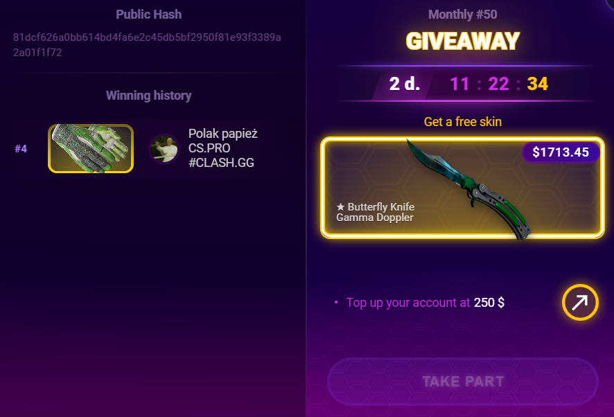 Only two days are left until the end of the monthly giveaway on CSCASE! Prize: 🌸 ★ Butterfly Knife Gamma Doppler $1713 Use the bonus promocode to add +15% to your deposit: TW15 🎁 ✅ cscase.com/b/tw