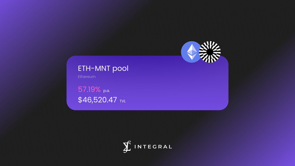 Introducing Integral's ETH - $MNT pool on mainnet, now live and offering a whopping 57% swap fee APR! 💸 Experience the power of passive concentrated liquidity farming: 1️⃣ Visit app.integral.link 2️⃣ Deposit your tokens 3️⃣ Sit back and watch your earnings grow! 📈…