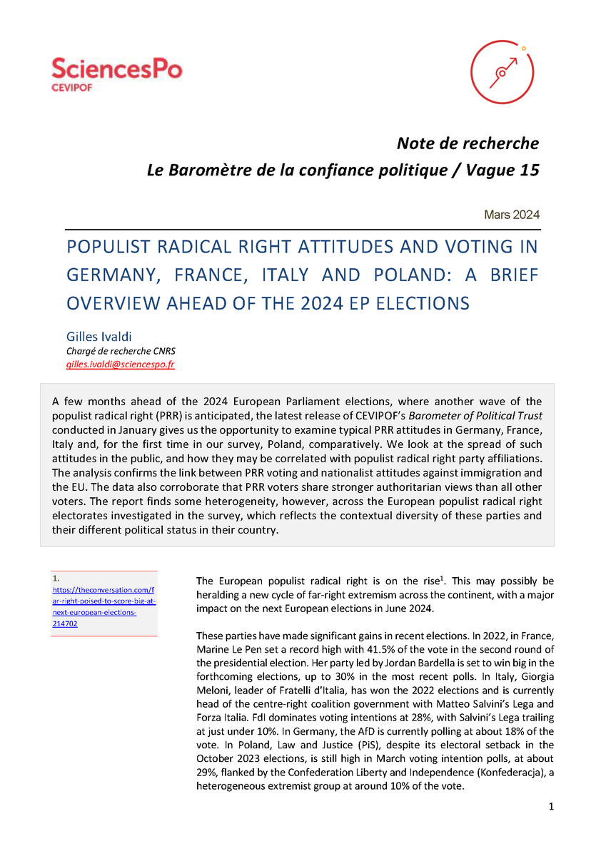 1/2 #BaromètreConfiance Nouvelle note de recherche sur la V15 'Populist radical right attitudes and voting in Germany, France, Italy and Poland: a brief overview ahead of the 2024 EP elec°' par @GillesIvaldi @CEVIPOF @sciencespo @ScPoResearch Lien ⤵️ sciencespo.fr/cevipof/sites/…