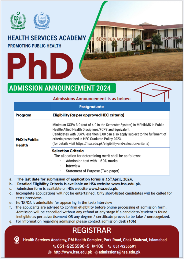 🎓 Exciting News! Apply now for PhD admissions at Health Services Academy! Deadline: April 15th. Click for eligibility criteria: hsa.edu.pk/eligibility-an… Apply here: hsa.edu.pk/login?redirect… Don't miss out! #PhDAdmissions #HealthServicesAcademy #ApplyNow 📅📚