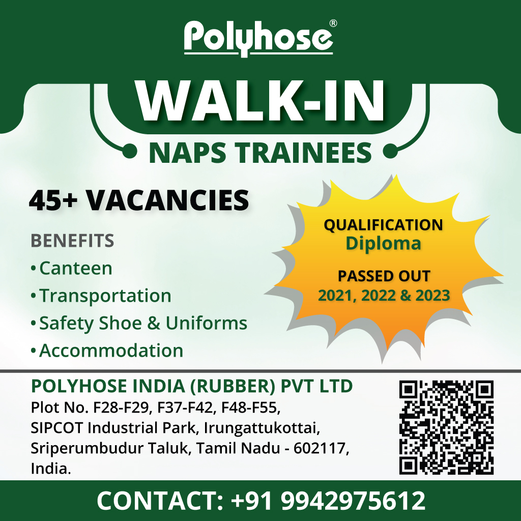 🌟 Walk in now!

#NAPS Trainee vacancies at Polyhose!
.
.
.
.
.
#ChennaiJobs #CareerOpportunity #Walkin #Diploma #Chennai #Vacancies #Polyhose