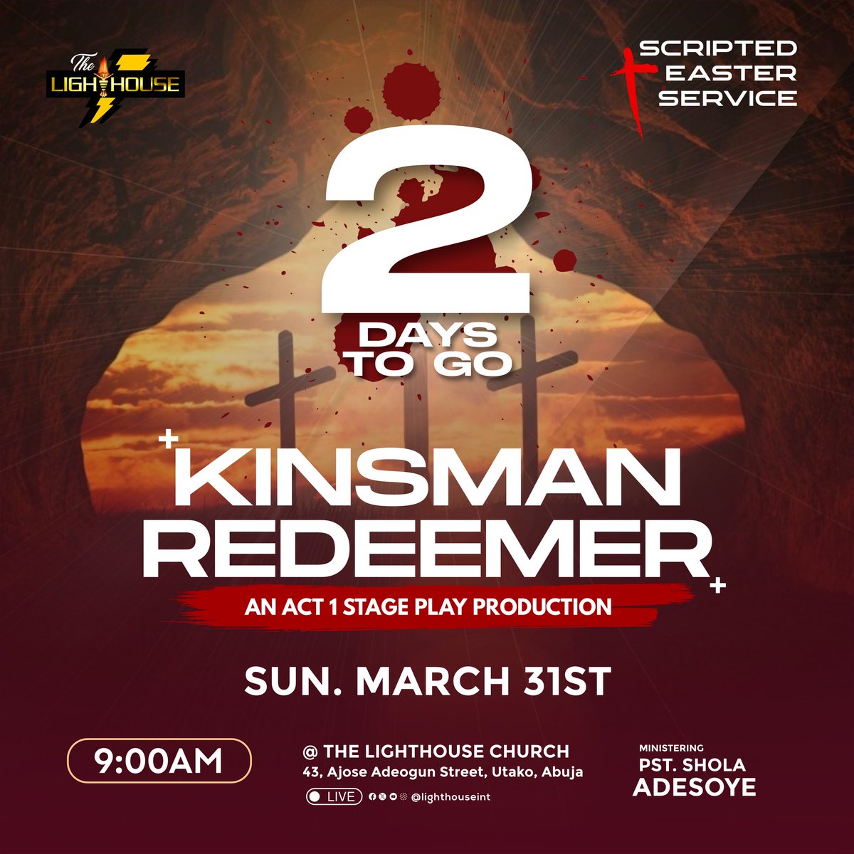 Lighthouseint's tweet photo. 2 days to go!
Get ready for KINSMAN REDEEMER.
@act1.lha #iamlighthouse #scriptedeaster https://t.co/DGmvlOOuCD