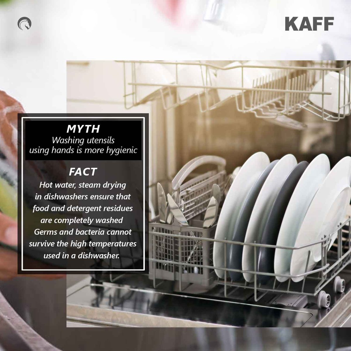 kaffindia's tweet image. Can dishwashers tackle tough stains from Indian spices and give clean dishes? Yes, they can as hot water, &amp;amp; steam drying in dishwashers ensures that food,  detergent residues are completely washed. 
.
#mythandfact #dishwasher #utensils #kaffindia #kitchenapplainces #kaffappliance
