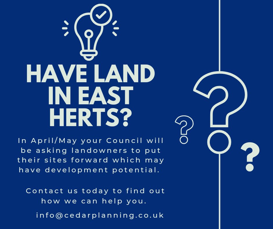 Have land in East Herts? The Council will shortly be asking for sites to be submitted to them which may have development potential. Contact us today to find out how we can help you maximise the potential of your land. #EastHerts #BishopStortford #Ware cedarplanning.co.uk